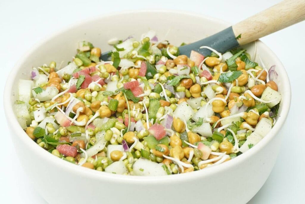 Fresh Sprouted Lentil & Chickpea Salad mixing